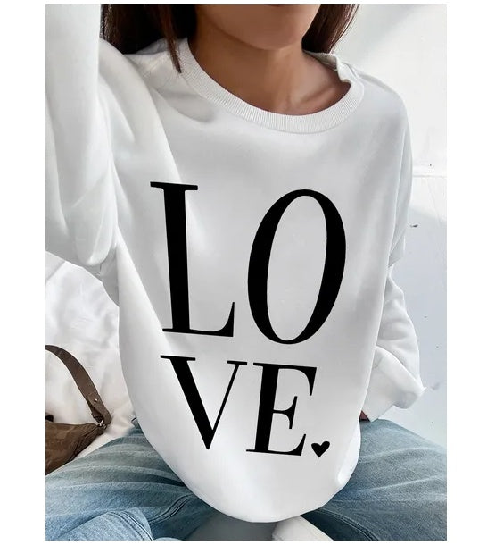 Women Basic Casual Pullover Spring Autumn Long Sleeve Love Letter Round Neck