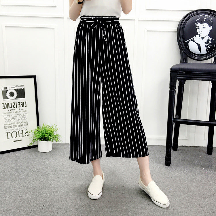 Vertical-striped chiffon wide-leg pants