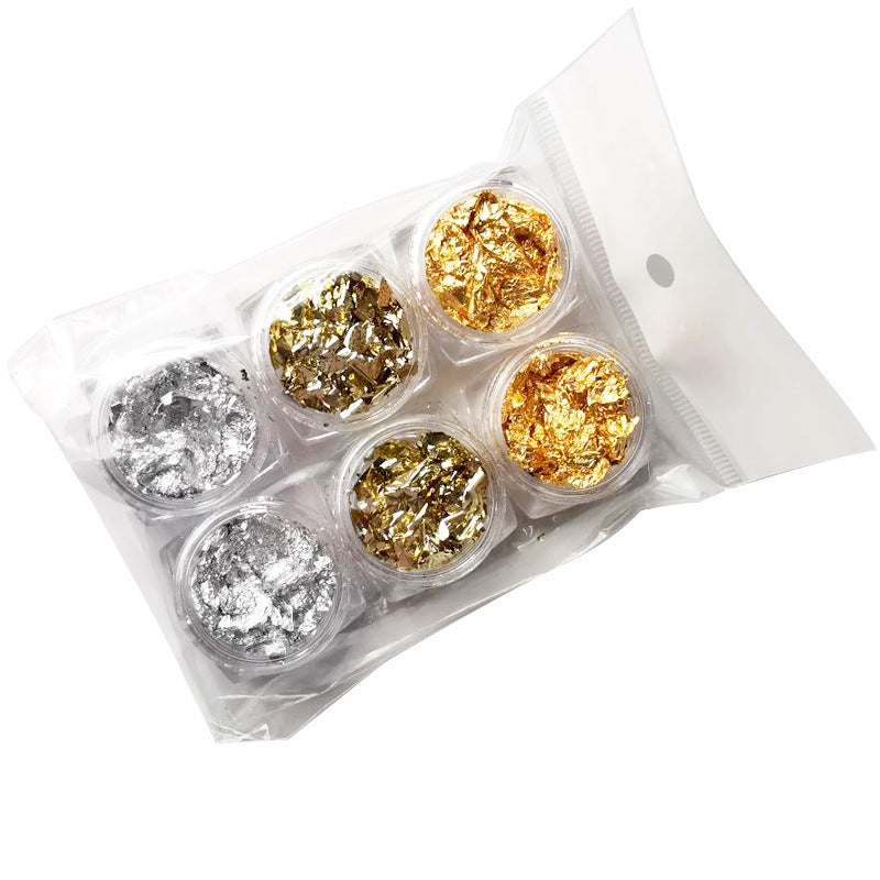 Ensemble de manucure 6 pièces avec bijoux pour ongles en paillettes cassées en feuille d'or