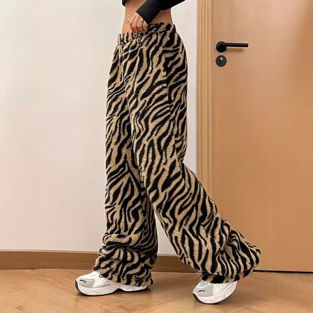 Damenhose mit Leopardenmuster, lässige, drapierte Hose mit weitem Bein