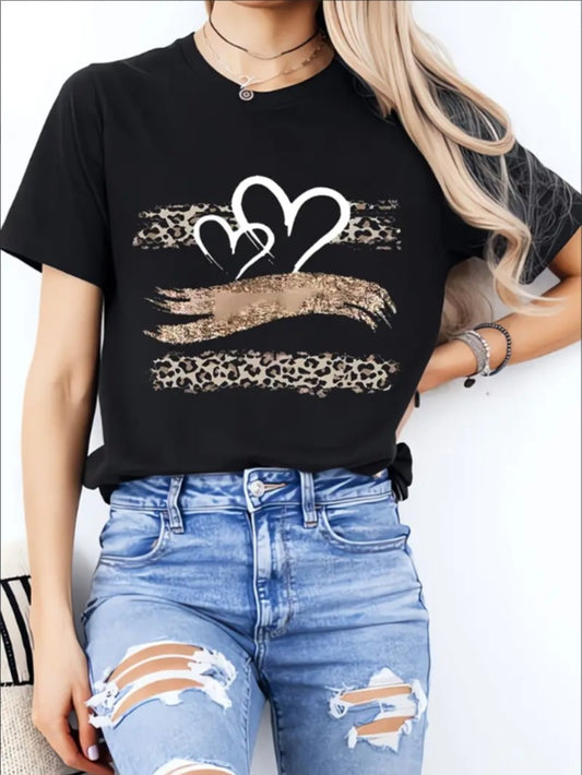 Love Leopard Print Ladies' Casual Loose Short Sleeves, T-shirts, Basic Tops, Unique Rest, Holiday Gifts Are Preferred, Suitable For Women's Wear In Spring And Summer, Teenagers And Girls