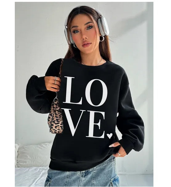 Women Basic Casual Pullover Spring Autumn Long Sleeve Love Letter Round Neck