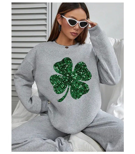 Women Basic Casual Pullover Spring Autumn Long Sleeve Lucky Clover Printed Round Neck