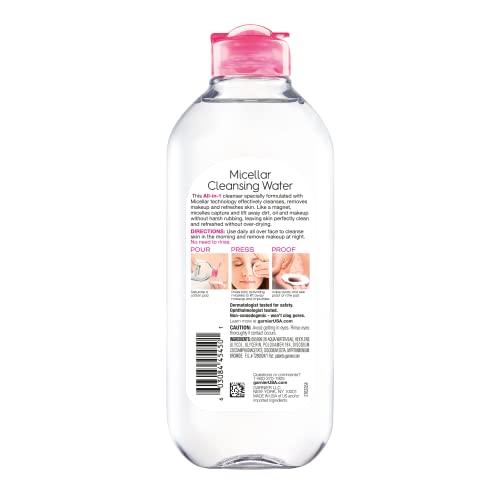 Garnier Micellar Water, Hydrating Facial Cleanser & Makeup Remover, Suitable for Sensitive Skin, Vegan, Cruelty Free, 13.5 Fl Oz (400mL), 1 Count