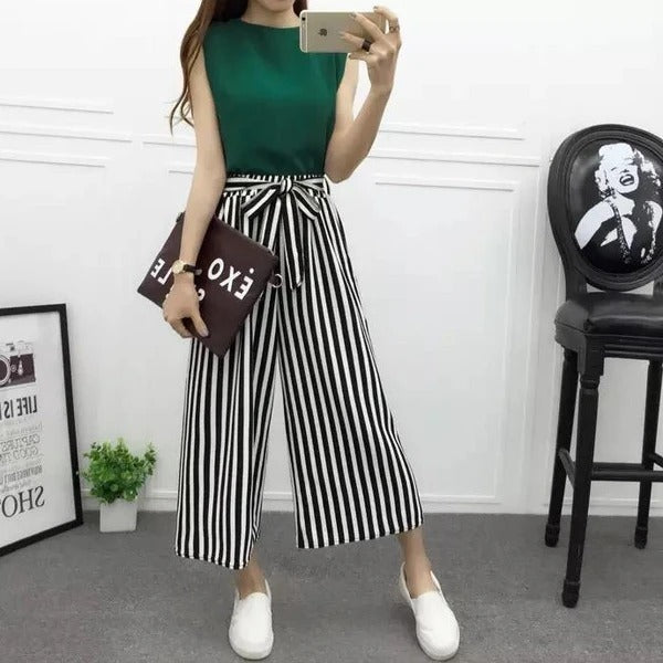 Vertical-striped chiffon wide-leg pants