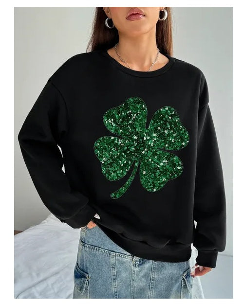 Women Basic Casual Pullover Spring Autumn Long Sleeve Lucky Clover Printed Round Neck