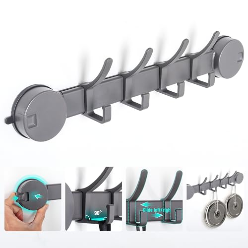 KYIAANY 4-Hooks Suction Shower Rack: Space Aluminum Heavy Duty Vacuum Cup Adhesive Holder Storage Hanger Inside Bathroom for Hanging Towel Clothes Robe loofah- Easy Install on Glass Door Tiles Wall