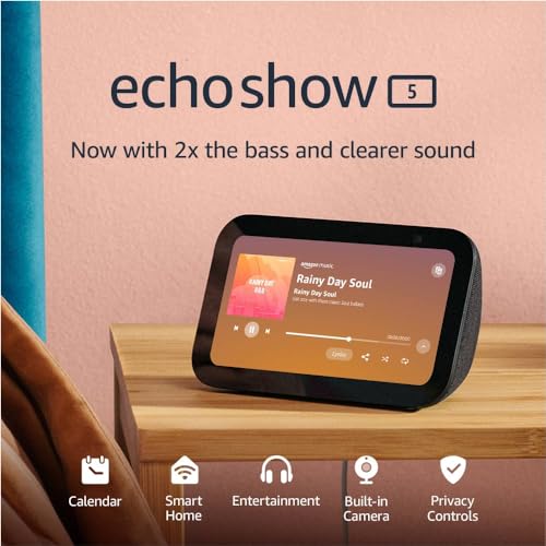 Like-New Amazon Echo Show 5 (newest model), Smart display with 2x the bass and clearer sound, Charcoal