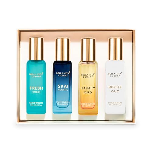 BellaVita Luxury Unisex Cologne Gift Set (4x20ml) | Vanilla Perfume & Fragrances Includes Honey OUD, SKAI, FRESH & White OUD | Body Mist Mini Perfumes & Spicy Vanilla Perfume Oil | Pheromone Perfume