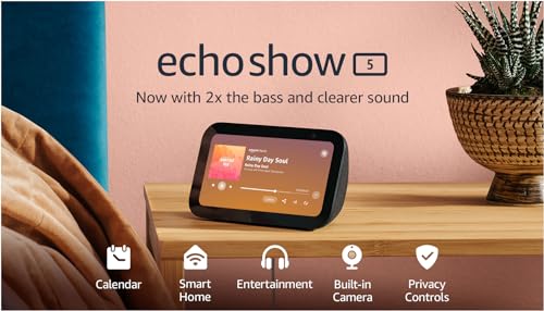 Like-New Amazon Echo Show 5 (newest model), Smart display with 2x the bass and clearer sound, Charcoal