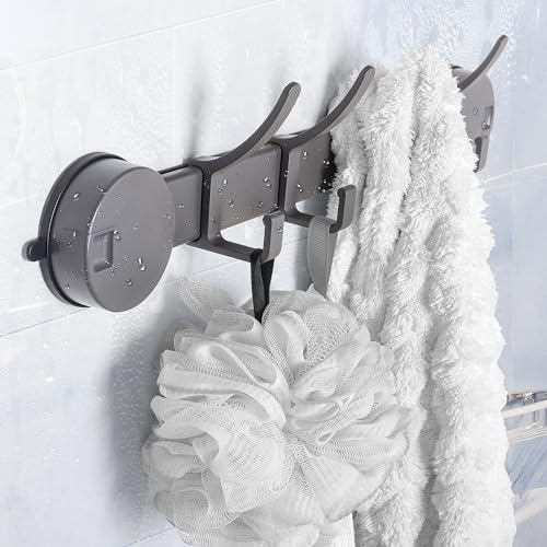 KYIAANY 4-Hooks Suction Shower Rack: Space Aluminum Heavy Duty Vacuum Cup Adhesive Holder Storage Hanger Inside Bathroom for Hanging Towel Clothes Robe loofah- Easy Install on Glass Door Tiles Wall