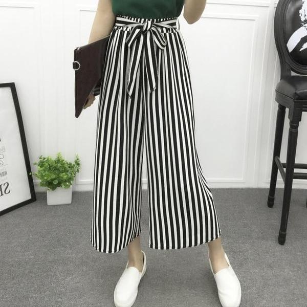 Vertical-striped chiffon wide-leg pants