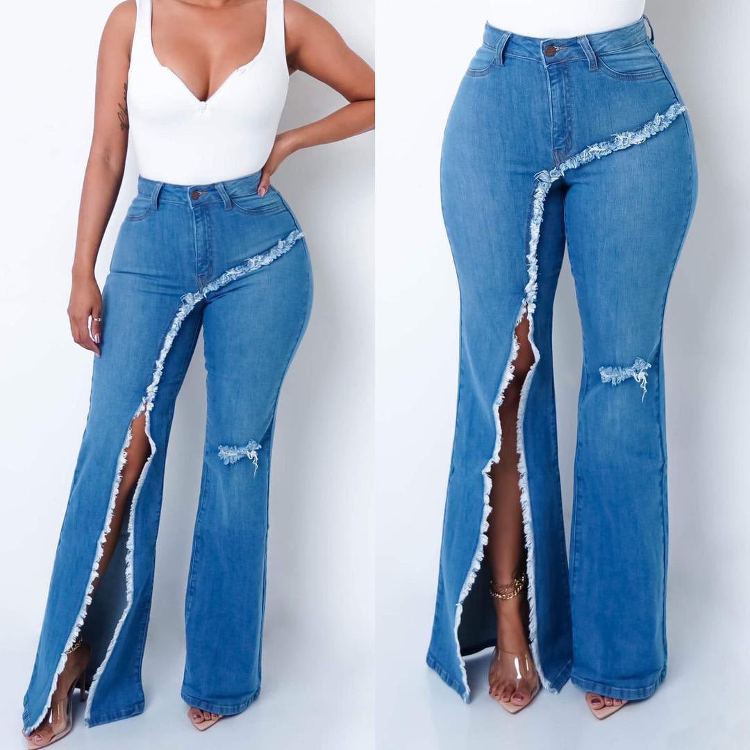 Neue stil elastische zerrissene ausgestelltes hosen jeans frauen