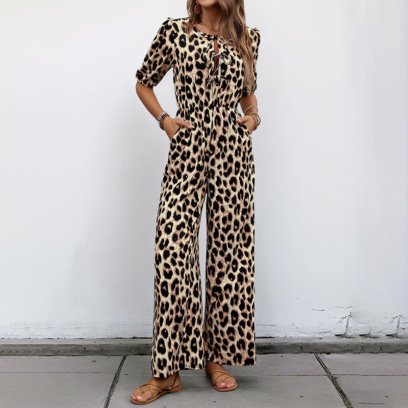 European And American Jumpsuit Tied High Waist Leopard Print One-piece Trousers