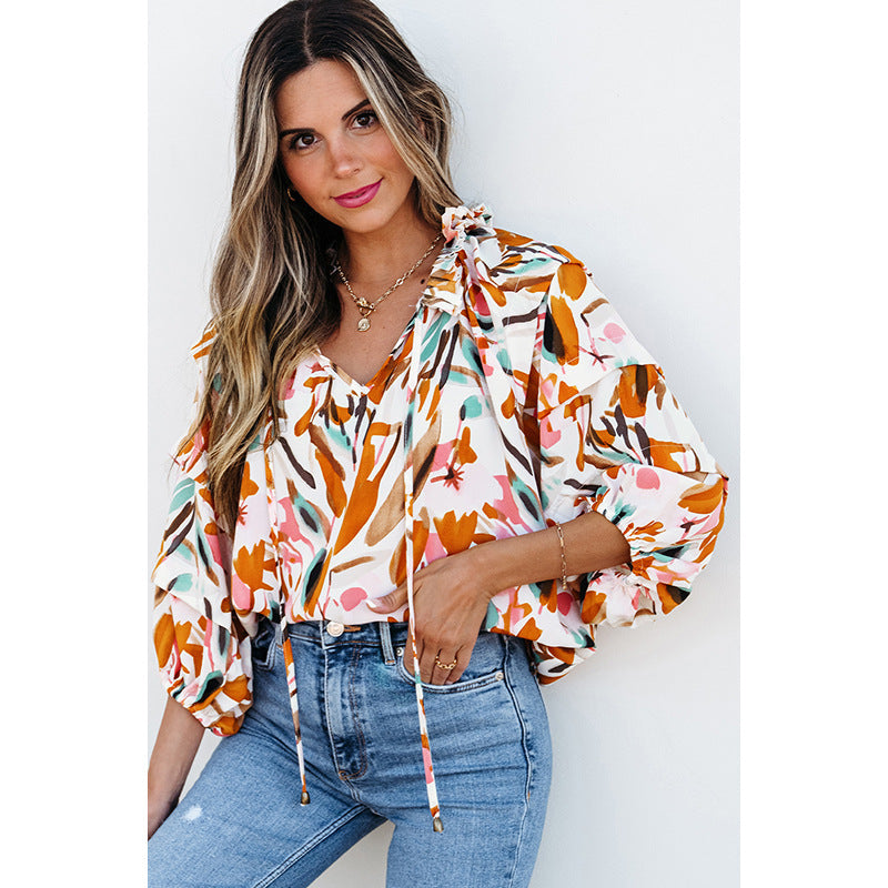 European And American Fashion Colorblock Printed V-neck Chiffon Shirt Women