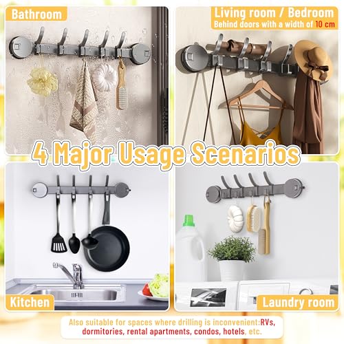 KYIAANY 4-Hooks Suction Shower Rack: Space Aluminum Heavy Duty Vacuum Cup Adhesive Holder Storage Hanger Inside Bathroom for Hanging Towel Clothes Robe loofah- Easy Install on Glass Door Tiles Wall