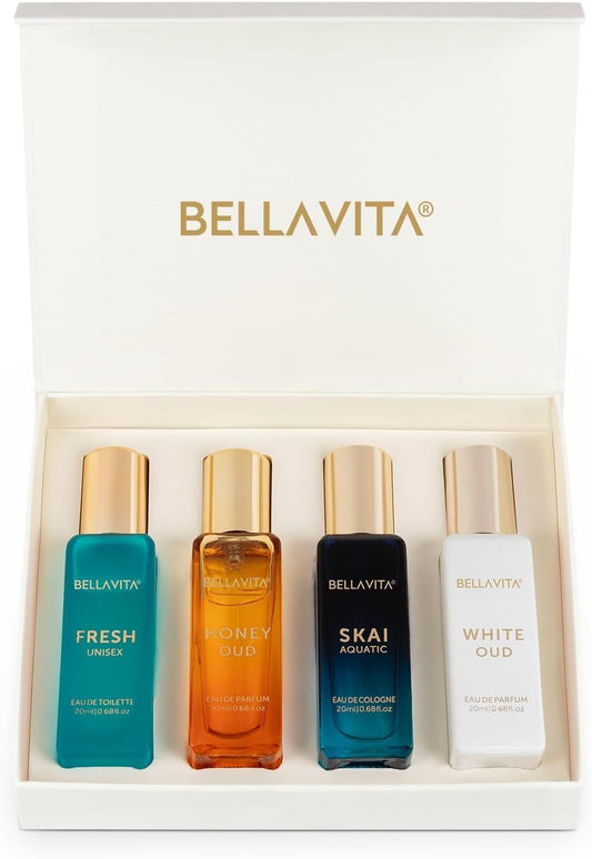 BellaVita Luxury Unisex Cologne Gift Set (4x20ml) | Vanilla Perfume & Fragrances Includes Honey OUD, SKAI, FRESH & White OUD | Body Mist Mini Perfumes & Spicy Vanilla Perfume Oil | Pheromone Perfume