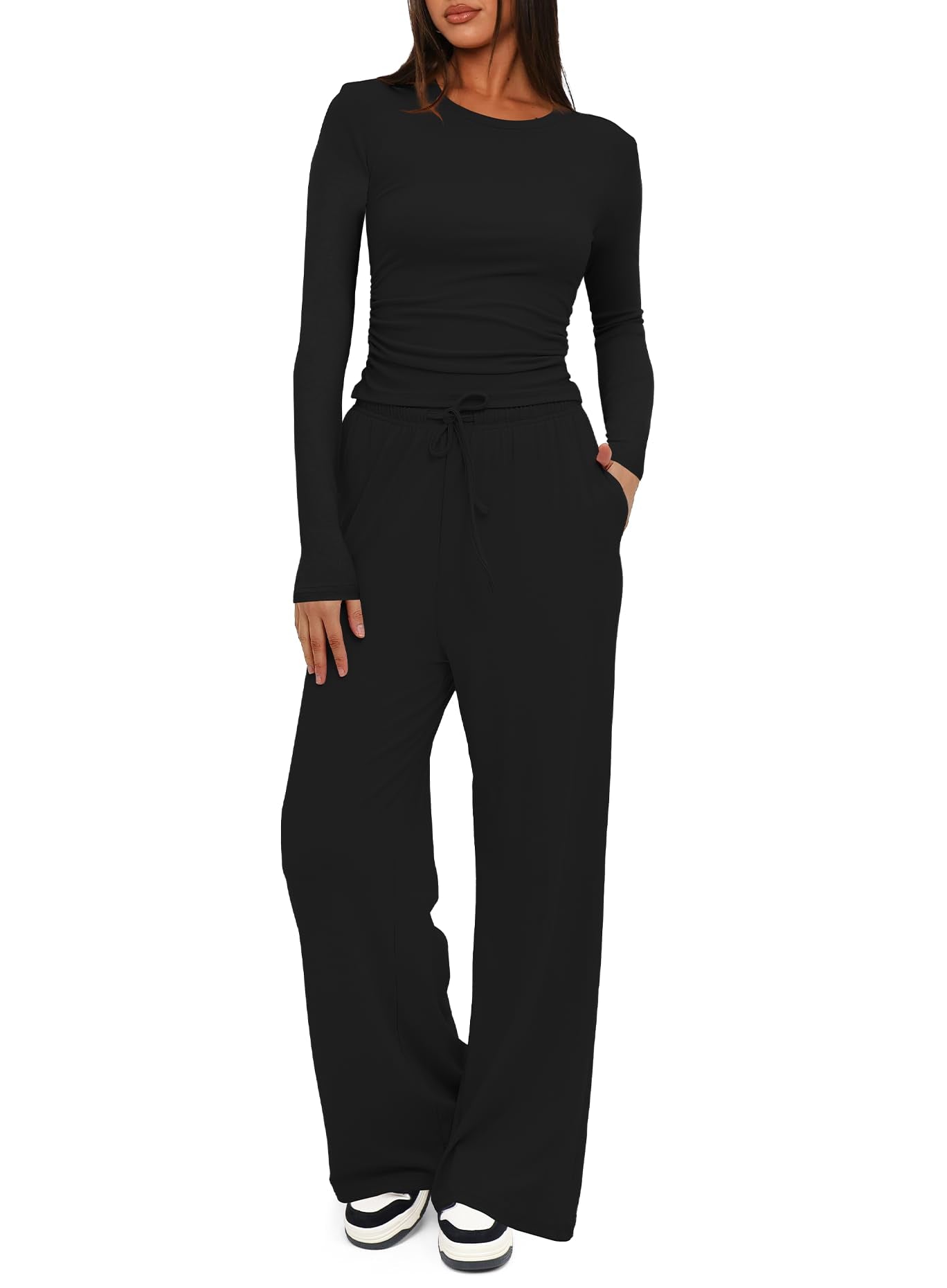 Darong Women's 2 Piece Sets Fall Outfits Long Sleeve Wide Leg Tracksuits Casual Sweat Sets Lounge Set 9065A Black S