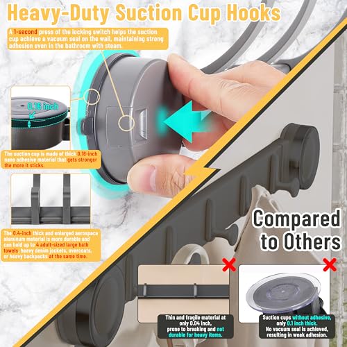 KYIAANY 4-Hooks Suction Shower Rack: Space Aluminum Heavy Duty Vacuum Cup Adhesive Holder Storage Hanger Inside Bathroom for Hanging Towel Clothes Robe loofah- Easy Install on Glass Door Tiles Wall