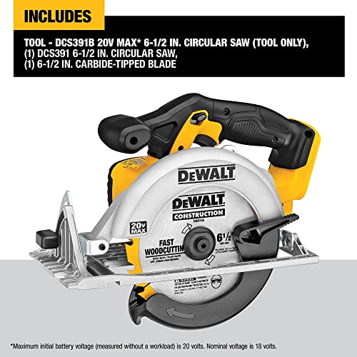 DEWALT 20V MAX Circular Saw, 6-1/2-Inch Blade, 460 MWO Engine, 0-50 Degree Bevel Capability, Bare Tool Only (DCS391B)