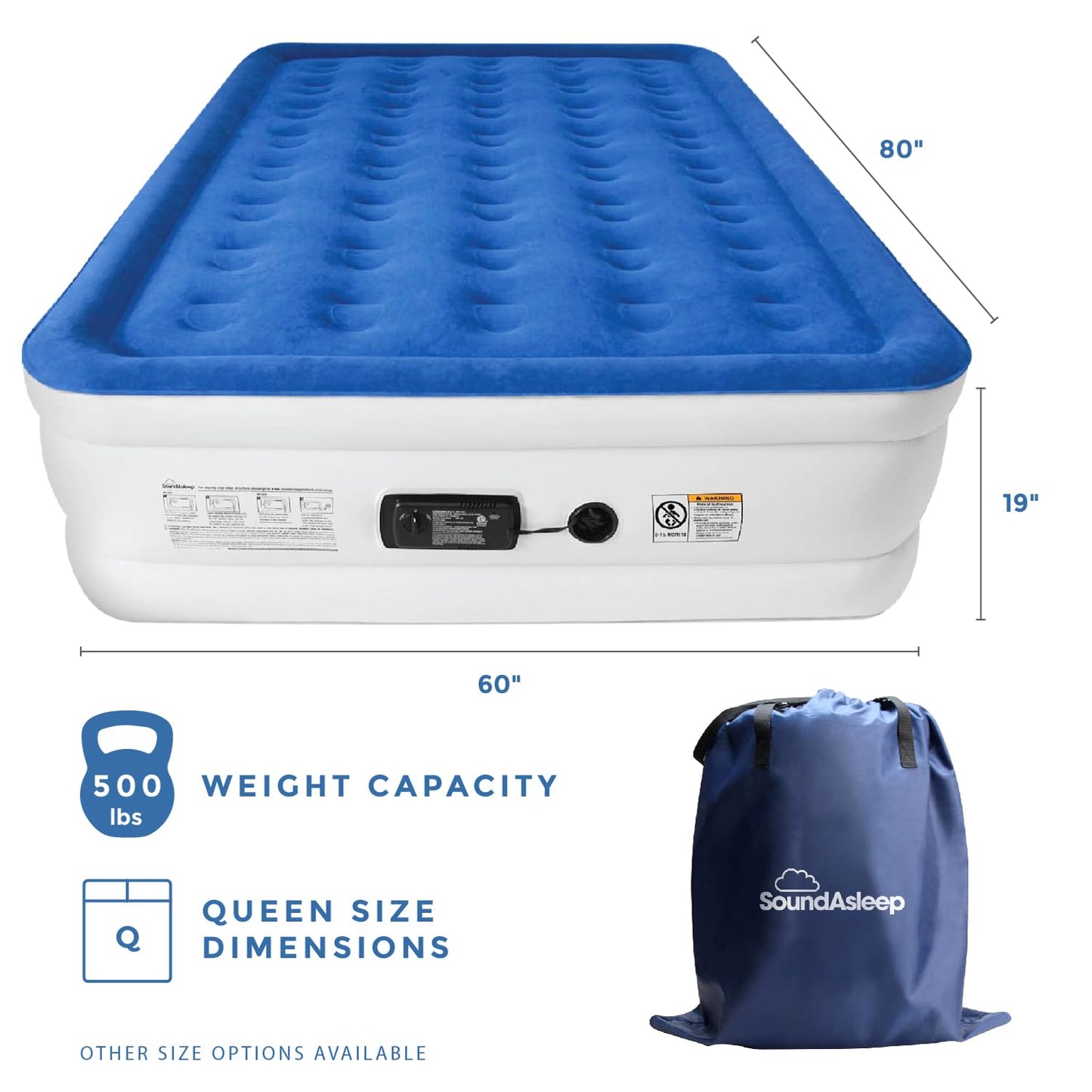 SoundAsleep Dream Series Luxury Air Mattress with ComfortCoil Technology & Built-in High Capacity Pump for Home & Camping- Double Height, Adjustable, Inflatable Blow Up, Portable - Queen Size