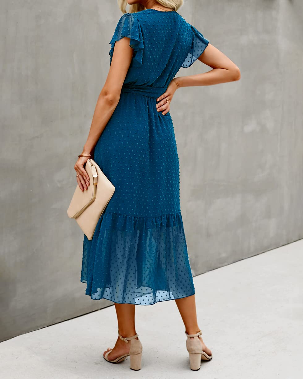 BTFBM Women Summer Bohemian Floral Casual Wrap V Neck Ruffle Cap Sleeveless Belt A-Line Pleated Hem Swing Midi Sun Dress (Swiss Dot Lake Blue, l)