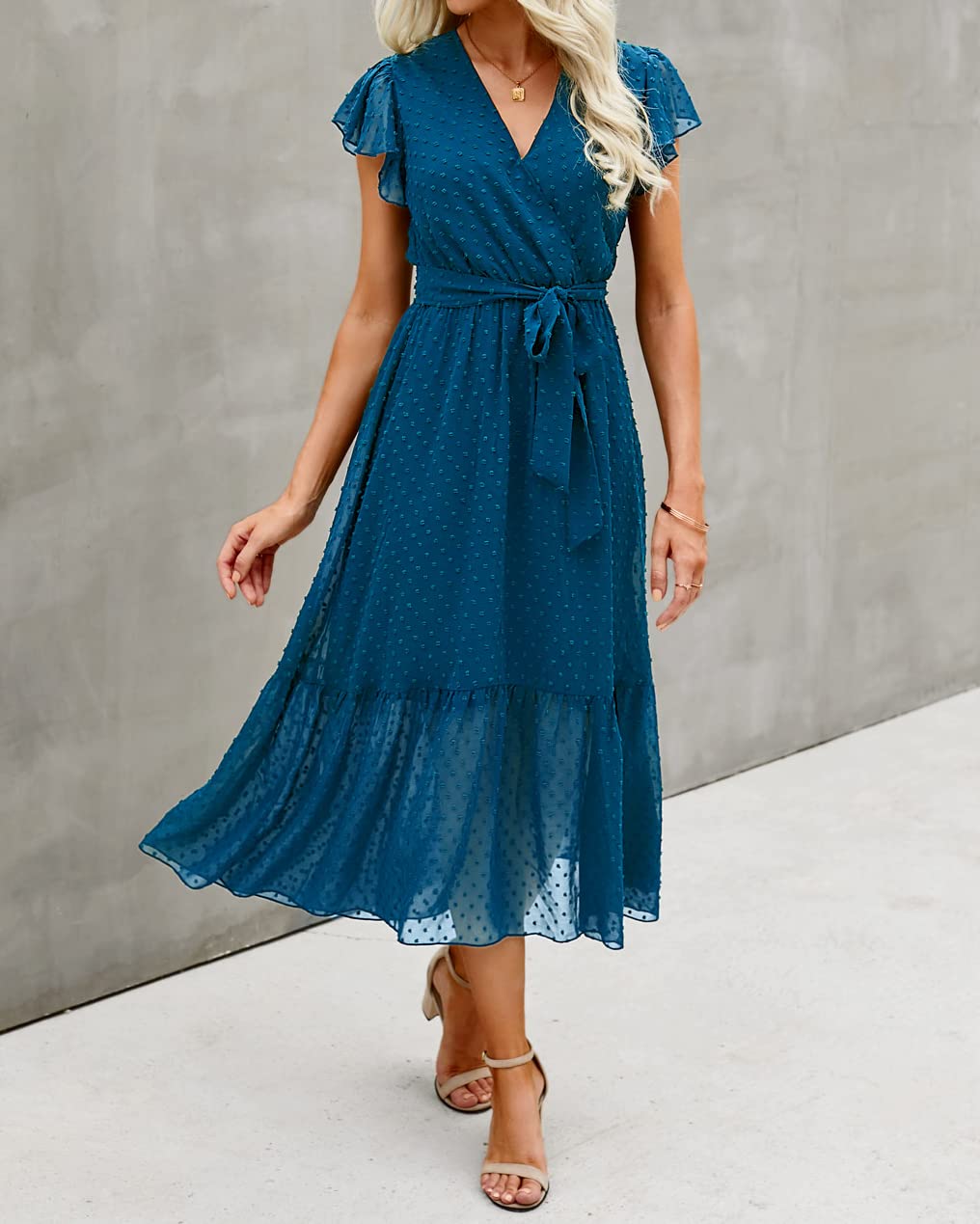 BTFBM Women Summer Bohemian Floral Casual Wrap V Neck Ruffle Cap Sleeveless Belt A-Line Pleated Hem Swing Midi Sun Dress (Swiss Dot Lake Blue, l)