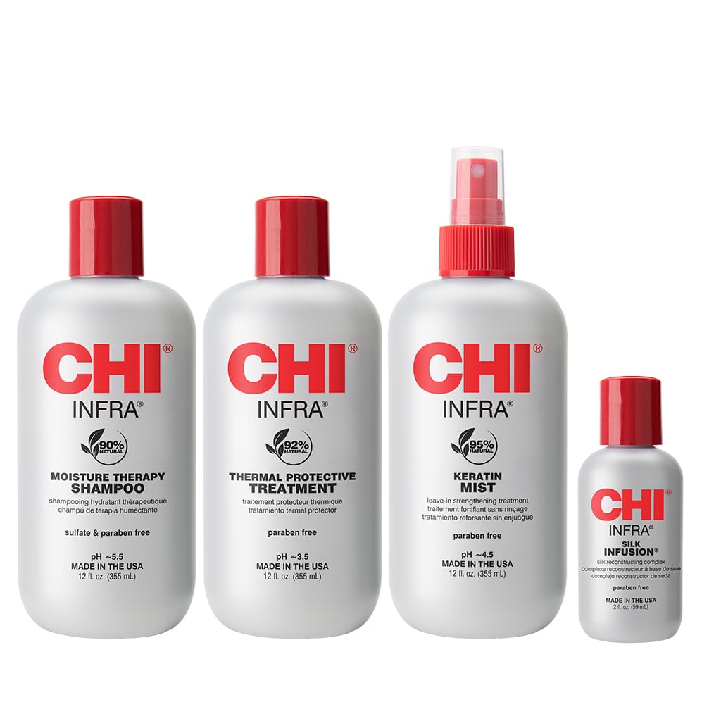 CHI Home Stylist Kit, 12 Oz Infra Shampoo, 12 Oz Treatment, 12 Oz Keratin Mist & 2 Oz Silk Infusion, Sulfate, Paraben, & Cruelty-Free, 4 Products