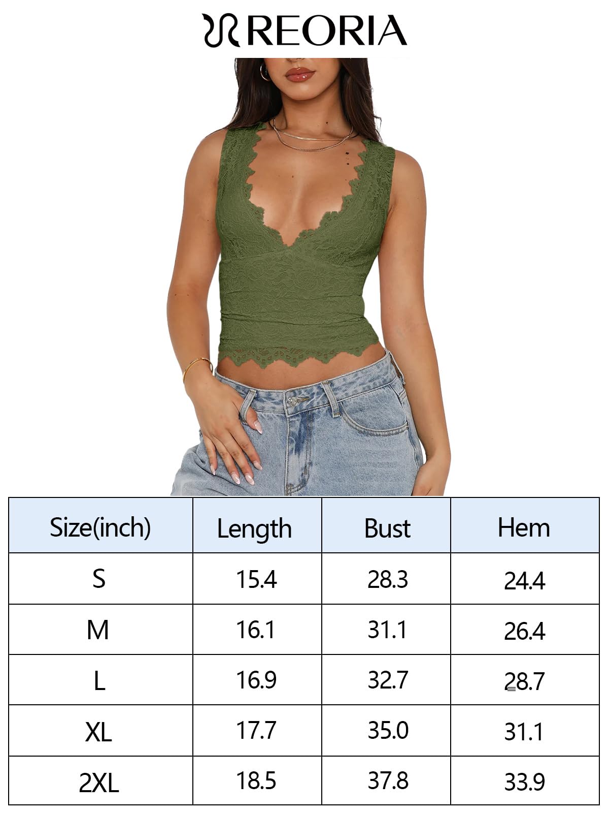 REORIA Womens Summer Tops Sexy V-Neck Sleeveless Double Lined Fashion Going Out Y2K Tank Tops Trendy Lace Slimming Crop Tops for Teen Girls Dark Green Small