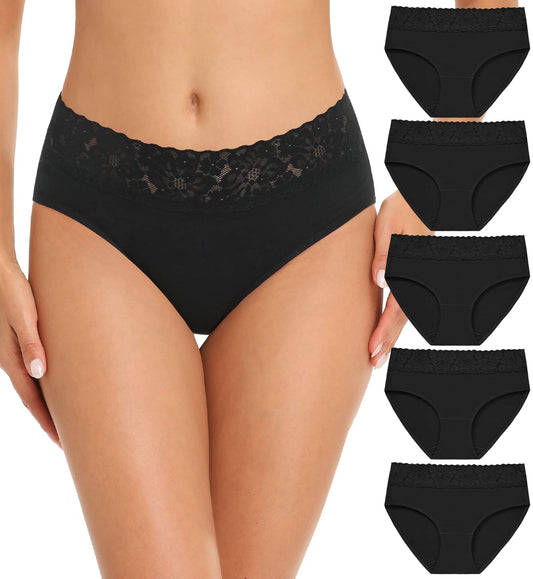 RHYFF Womens Underwear Cotton Hipster Panties Lace Soft Bikini Panty Ladies Stretch Full Briefs 5 Pack S-XL(R6004XL-Black)