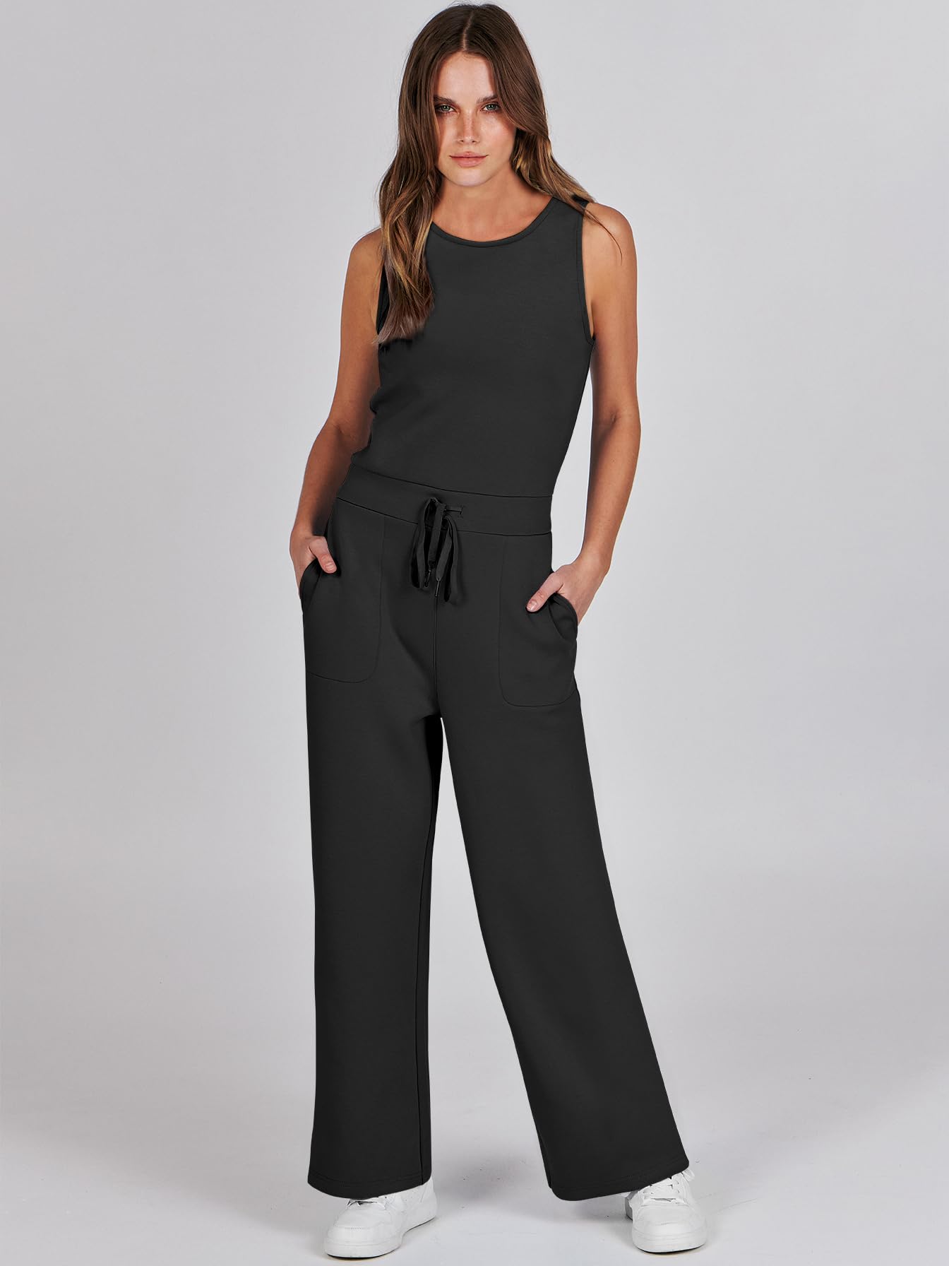 ANRABESS Womens Jumpsuits 2025 Casual Summer Dressy Romper Sleeveless Wide Leg Long Pants Outfits Fashion Travel Clothes Black Medium