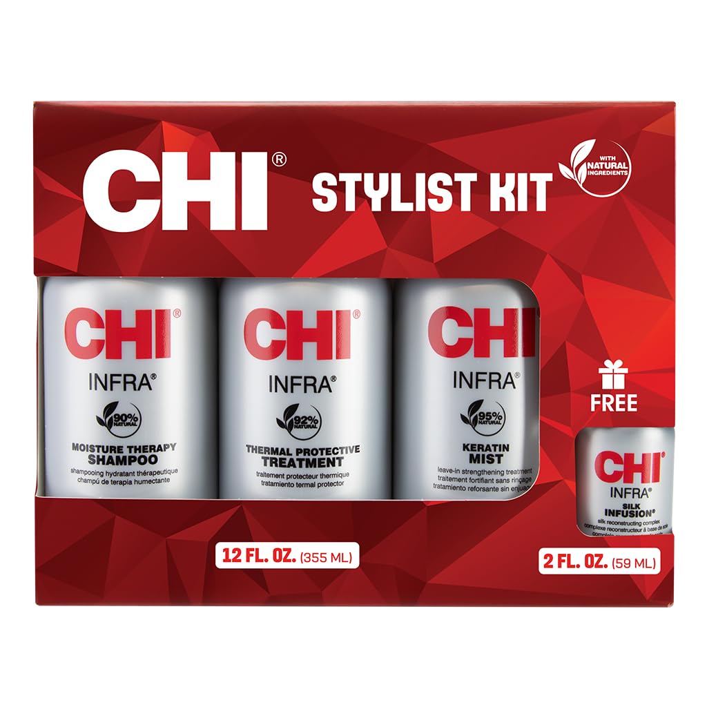 CHI Home Stylist Kit, 12 Oz Infra Shampoo, 12 Oz Treatment, 12 Oz Keratin Mist & 2 Oz Silk Infusion, Sulfate, Paraben, & Cruelty-Free, 4 Products