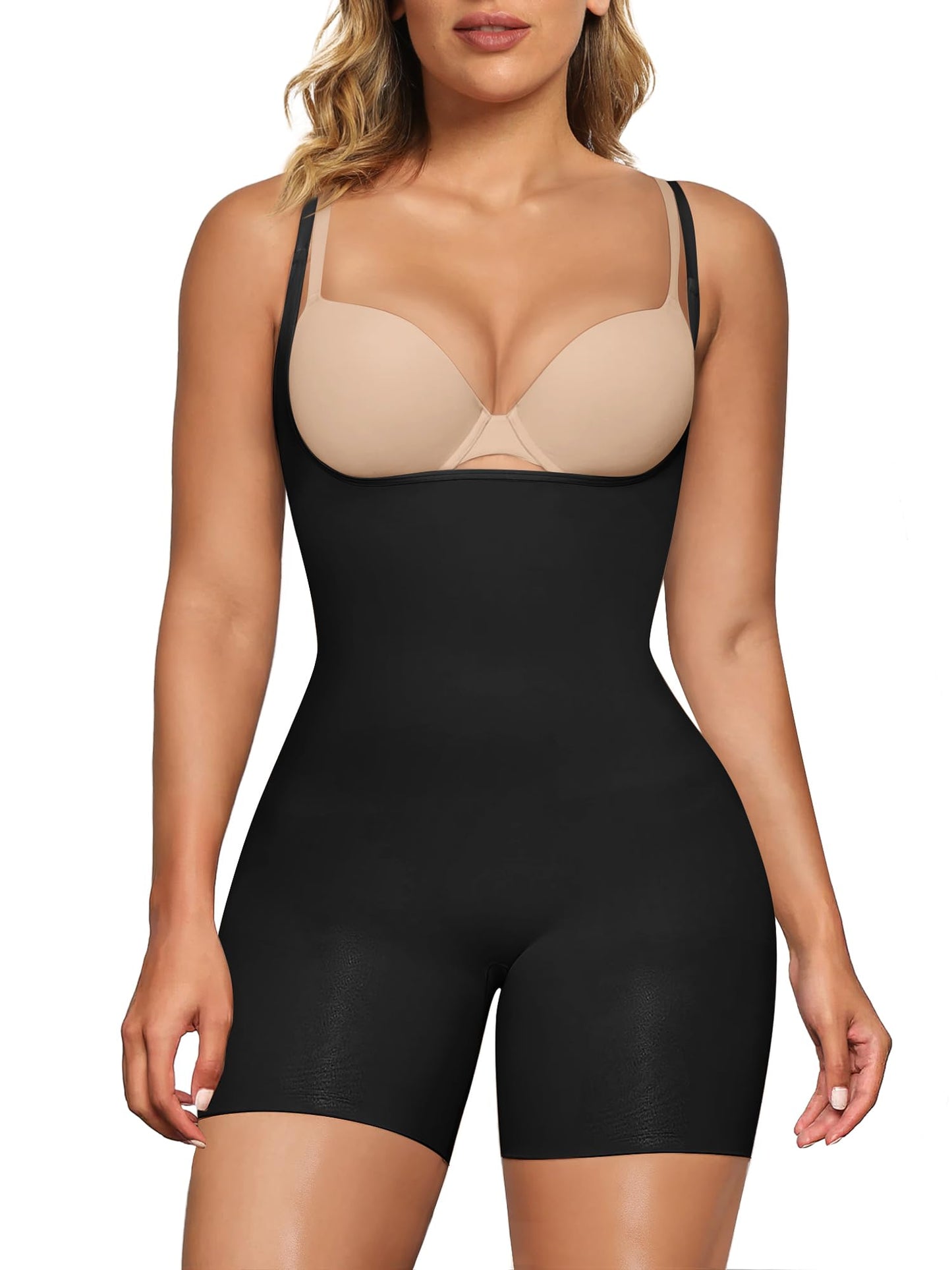 SHAPERX Open Bust Shapewear Tummy Control Bodysuits for Women Seamless Compression High Waisted Body Shaper, SZ5258-Black-S/M