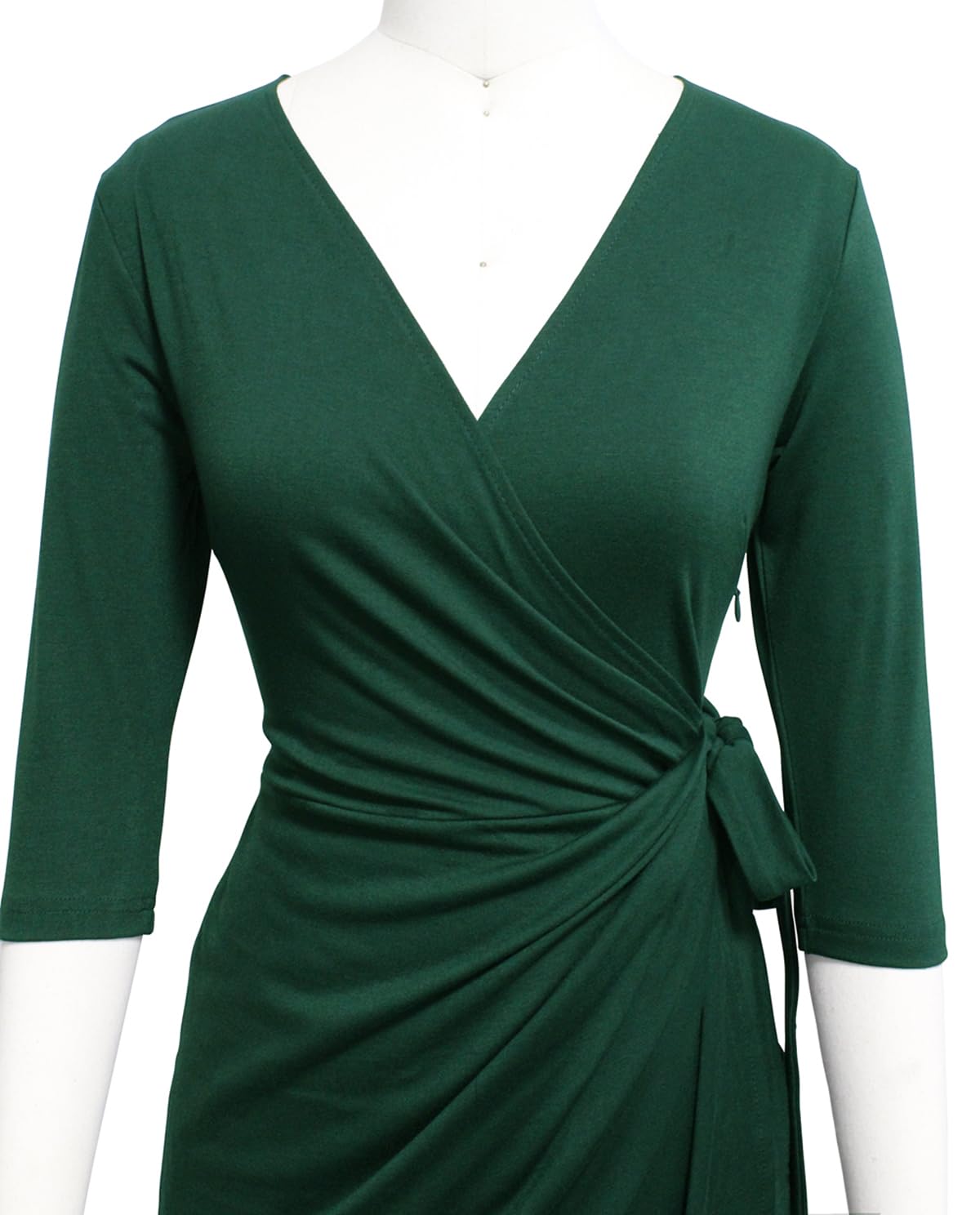 Berydress Women's Classic 3/4 Sleeve V Neck Sheath Casual Party Work Faux Black Wrap Dress (L, 6083-Dark Green)