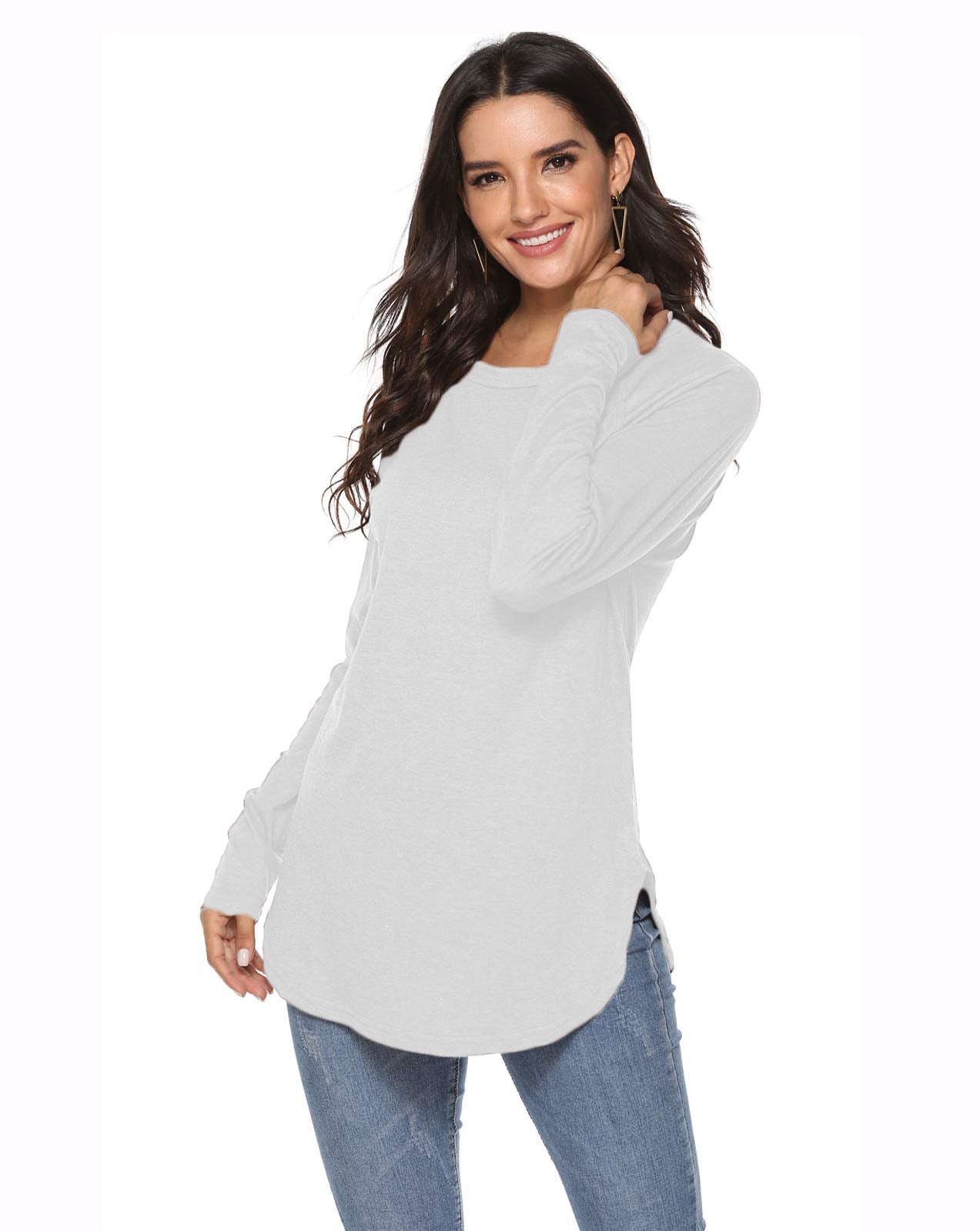 Newchoice Tunic Tops for Leggings for Tall Women Basic Tees Long Sleeve Tshirts (M,White)