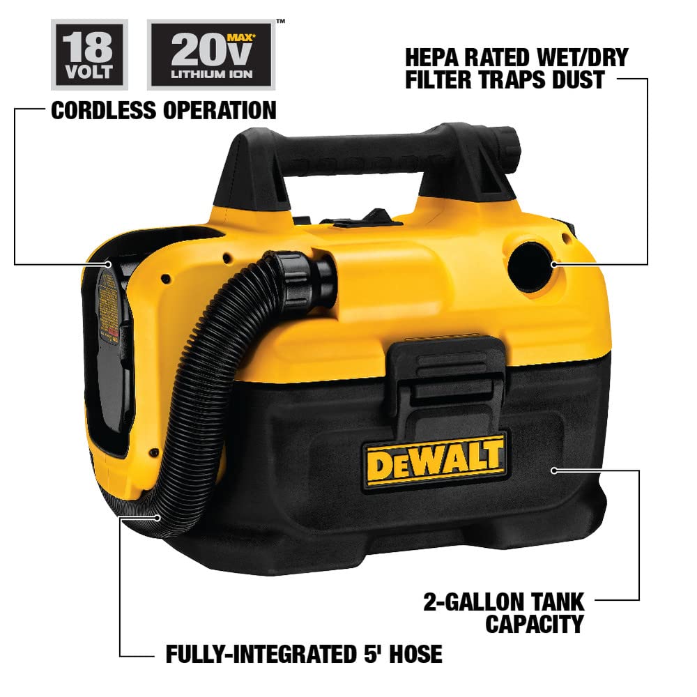 DEWALT 20V MAX Cordless Wet-Dry Vacuum, Portable Shop Vac, 2 Gallon Tank Capacity, Tool Only (DCV580H)