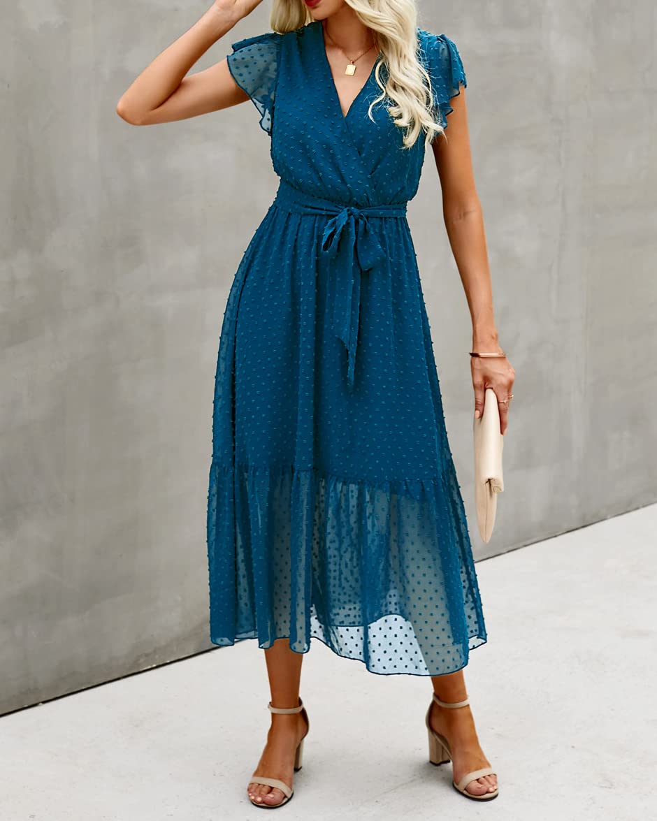 BTFBM Women Summer Bohemian Floral Casual Wrap V Neck Ruffle Cap Sleeveless Belt A-Line Pleated Hem Swing Midi Sun Dress (Swiss Dot Lake Blue, l)