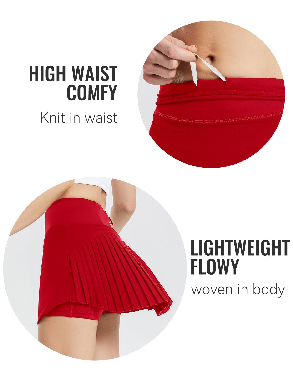 BALEAF Women's Pleated Tennis Skirts High Waisted Lightweight Athletic Golf Skorts Skirts with Shorts Pockets Red Small