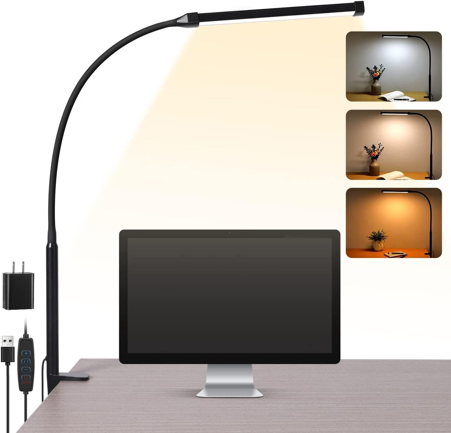 Voncerus LED Desk lamp with Clamp, Eye-Caring Clip on Lights for Home Office, 3 Modes 10 Brightness, Long Flexible Gooseneck, Metal, Swing Arm Architect Task Table Lamps with USB Adapter, Black