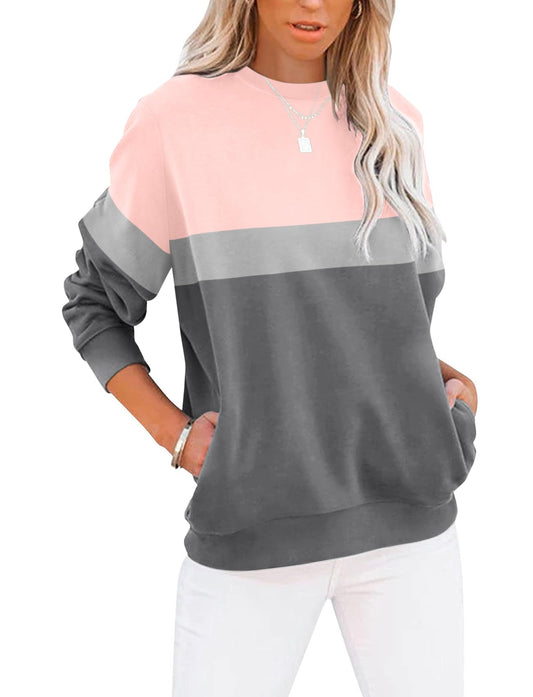 TICTICMIMI Women's Casual Long Sleeve Color Block/Solid Tops Crewneck Sweatshirts Cute Loose Fit Pullovers With Pockets