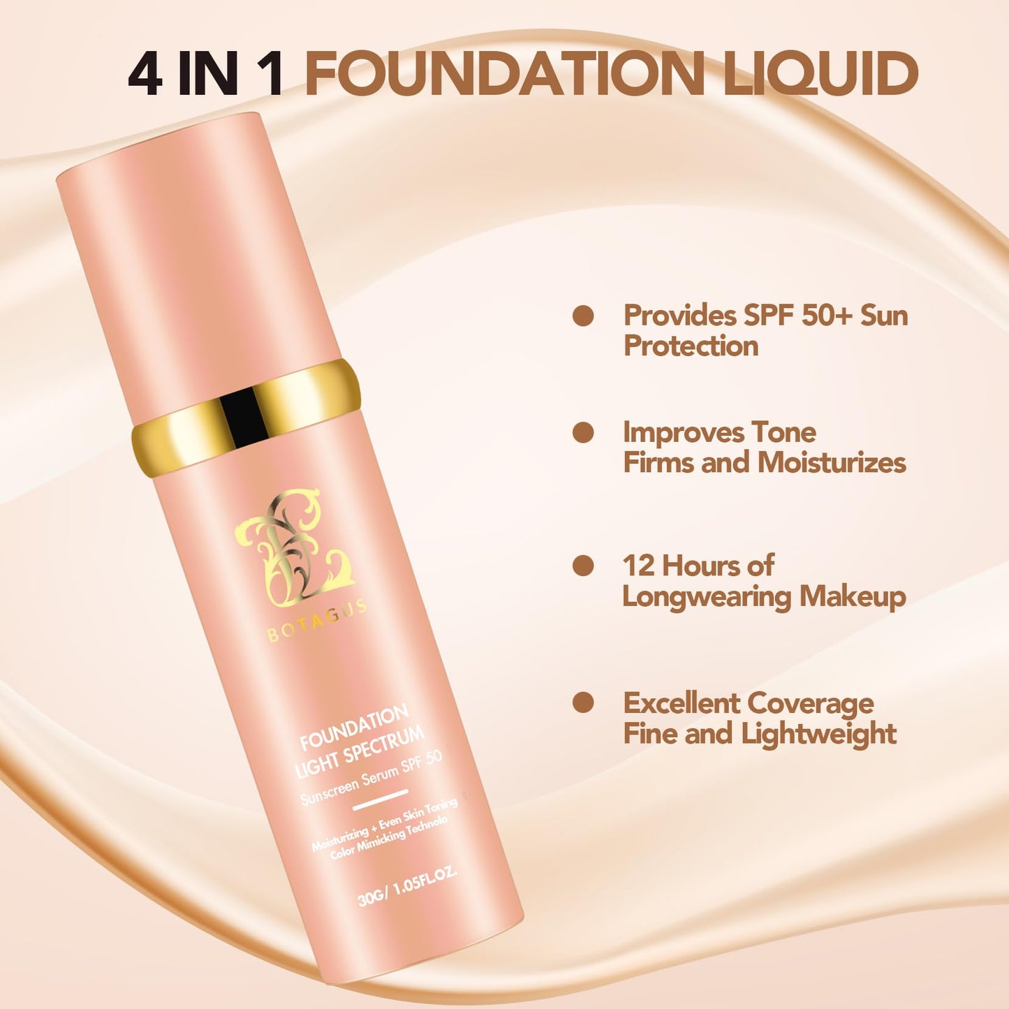 BOTAGUS Match Cosmetics Foundation 4 in 1-Light Spectrum,4 in 1 Cosmetics Foundation Liquid with SPF 50+, Concealer Cosmetic Lightweight Makeup, Longwearing & Waterproof for Makeup