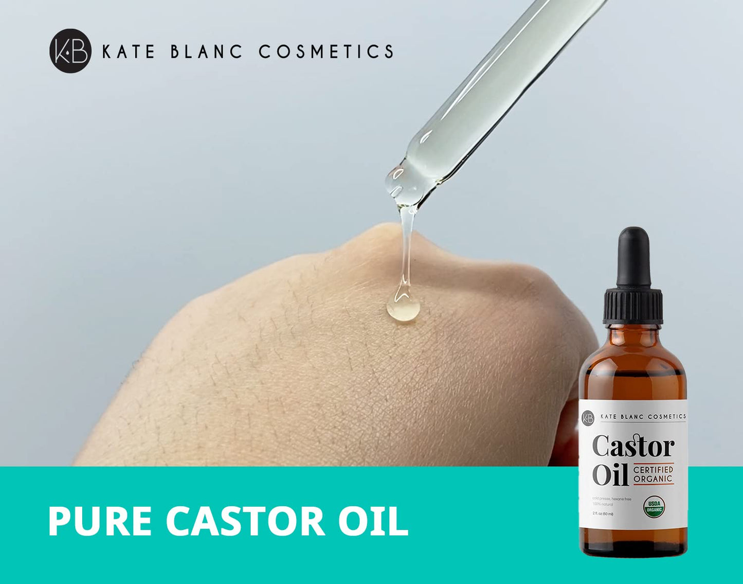 Kate Blanc Cosmetics Castor Oil Organic (2oz), 100% Pure, Cold Pressed, Hexane Free. Stimulate Growth for Hair, Eyelashes, Eyebrows. Hair Treatment Starter Kit & Skin Moisturizer