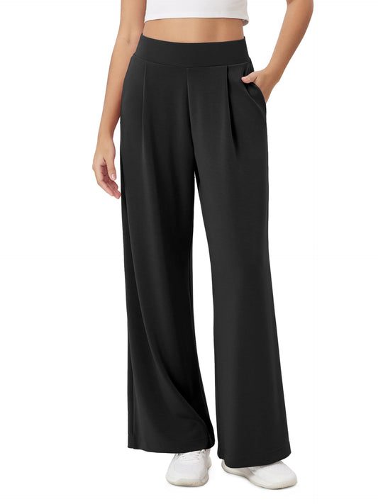 ODODOS Modal Soft Wide Leg Pants for Women High Waist Casual Relaxed Pants with Pockets, 31" Inseam, Black, X-Large