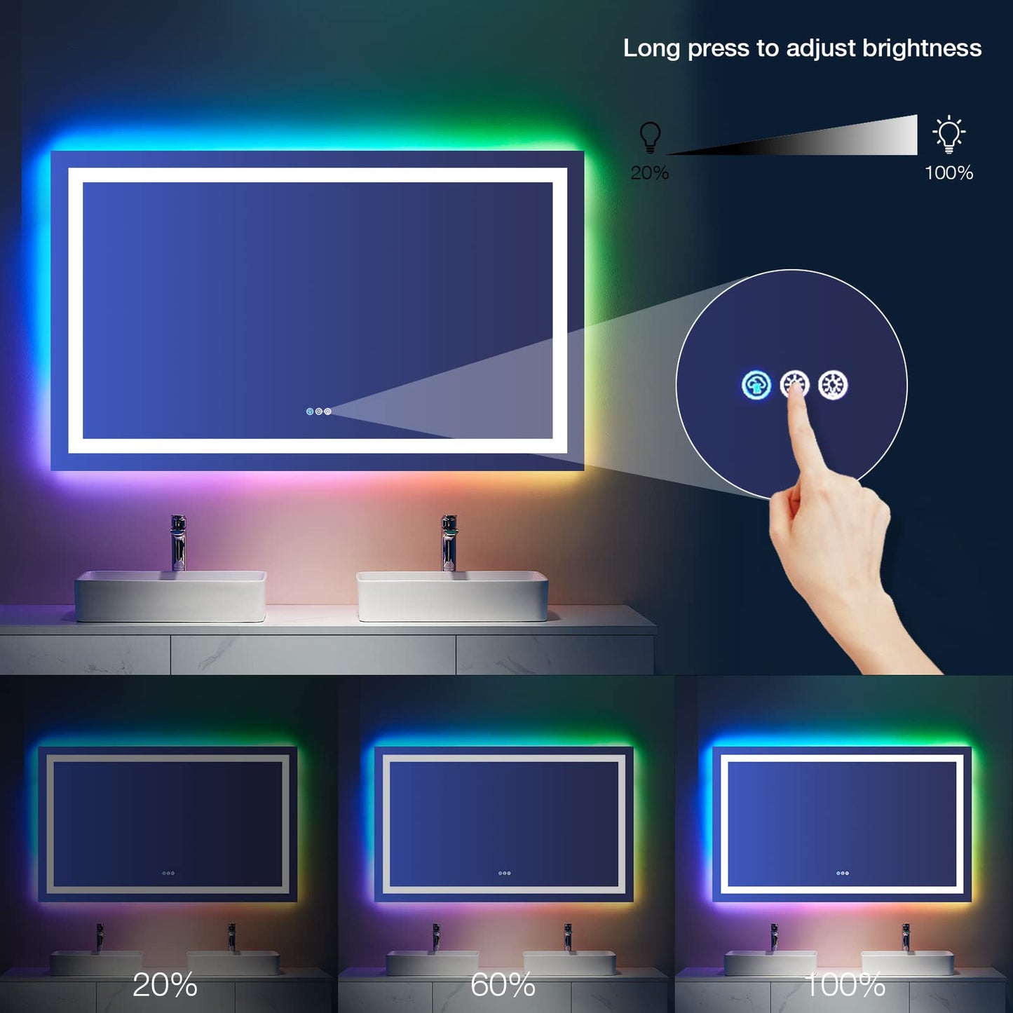 LOAAO 48"X36" LED Bathroom Mirror with Lights, Anti-Fog, Dimmable, RGB Backlit + Front Lighted, Bathroom Vanity Mirror for Wall, Memory Function