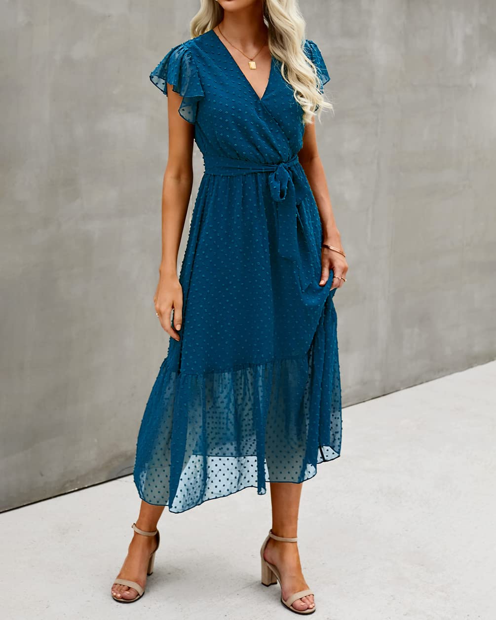 BTFBM Women Summer Bohemian Floral Casual Wrap V Neck Ruffle Cap Sleeveless Belt A-Line Pleated Hem Swing Midi Sun Dress (Swiss Dot Lake Blue, l)