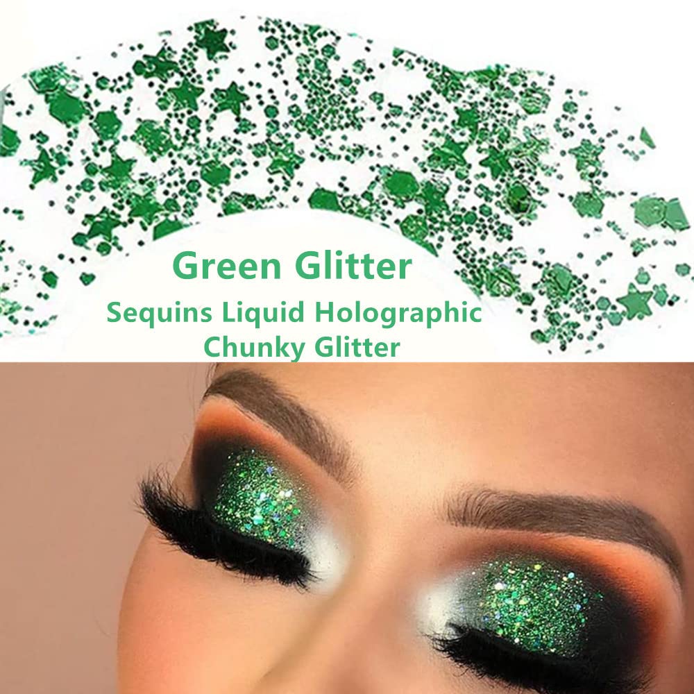 Go Ho Green Face Body Glitter,St Patricks Day Face Glitter Makeup,Green Face Paint Holographic Chunky Sequins Glitters for Eye Lip Hair Nails,Festival Rave Accessories,52g