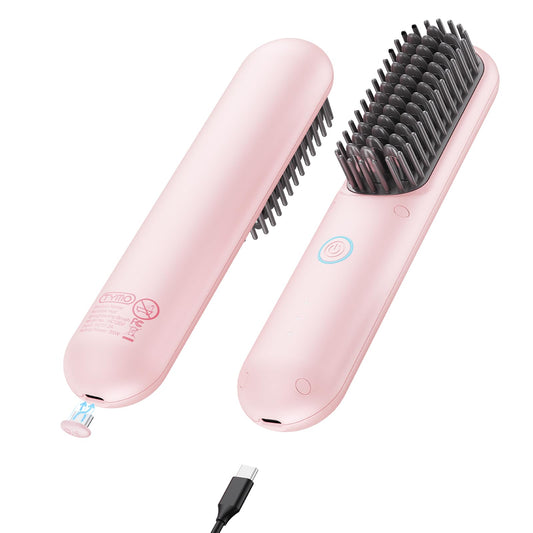 TYMO Cordless Hair Straightener Brush - Porta ECO Portable Straightening Brush for Travel, Mini Hot Ionic Straightener Comb for Women, Ceramic Coating, Lightweight for Touch-ups, No Charger, Pink