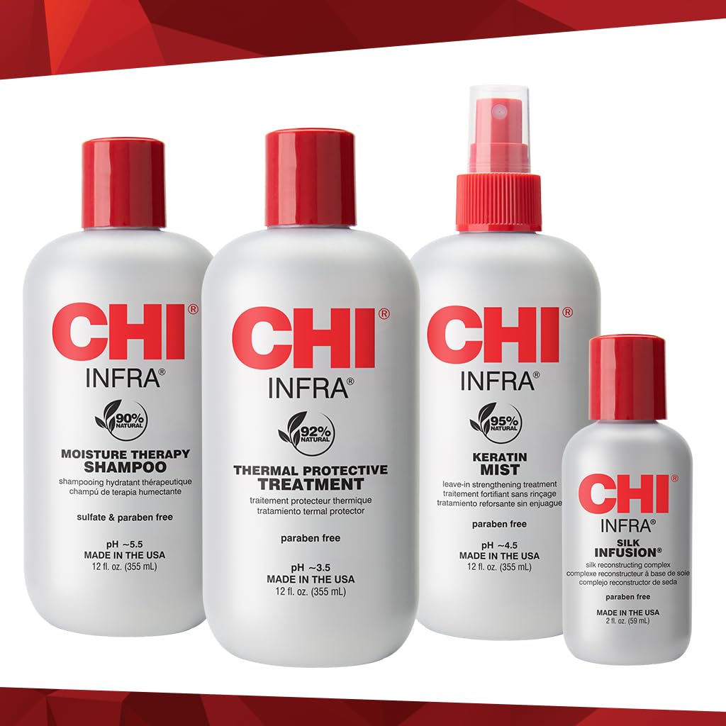 CHI Home Stylist Kit, 12 Oz Infra Shampoo, 12 Oz Treatment, 12 Oz Keratin Mist & 2 Oz Silk Infusion, Sulfate, Paraben, & Cruelty-Free, 4 Products