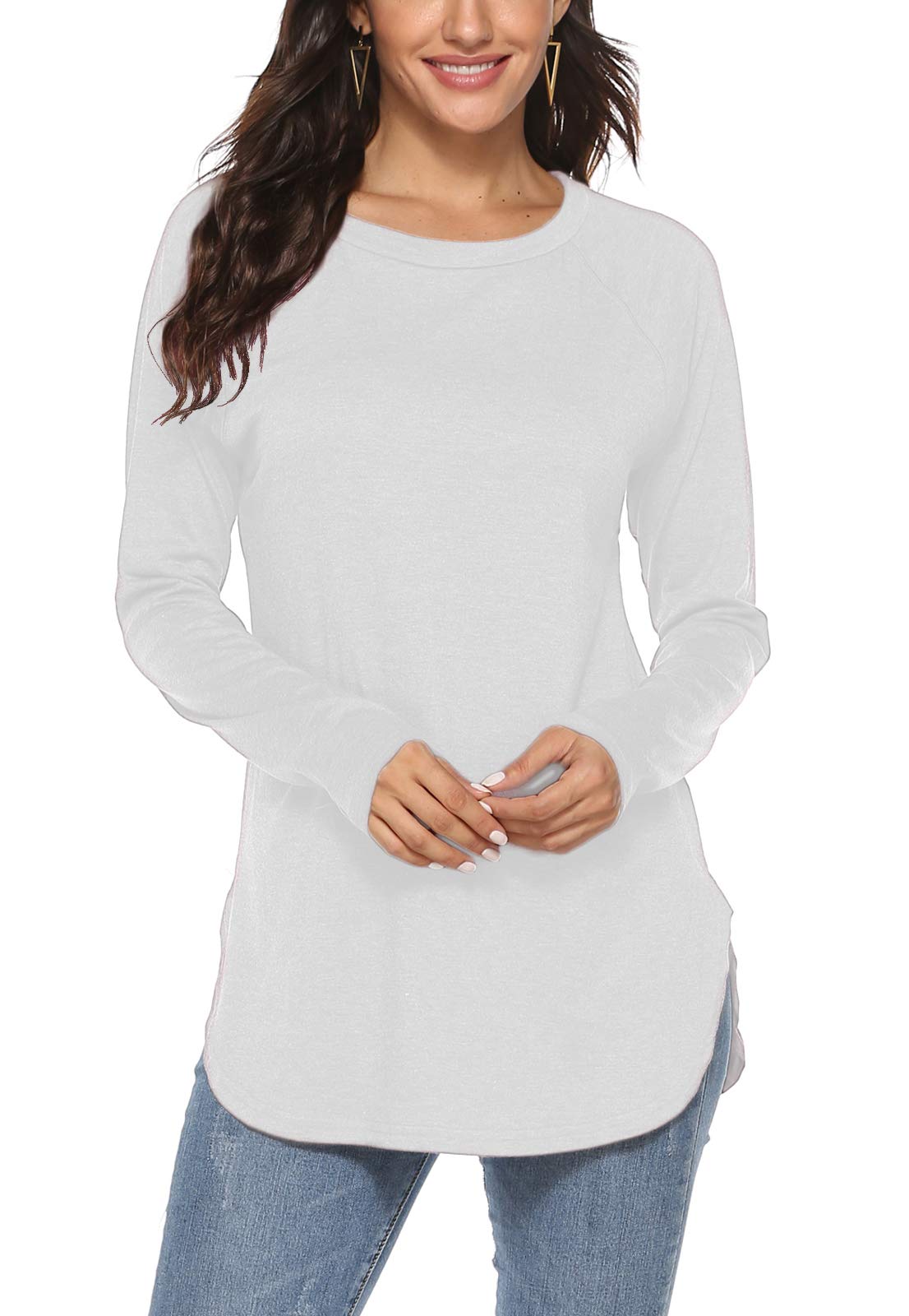 Newchoice Tunic Tops for Leggings for Tall Women Basic Tees Long Sleeve Tshirts (M,White)