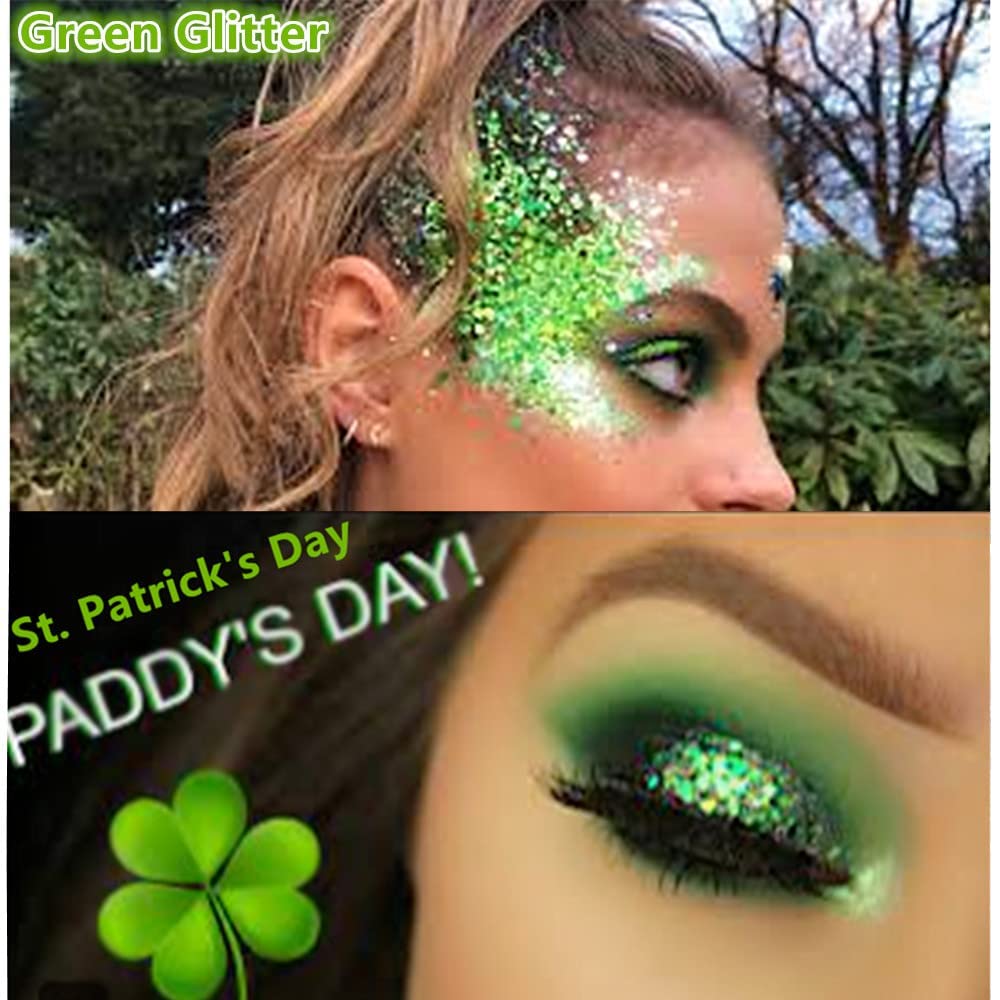 Go Ho Green Face Body Glitter,St Patricks Day Face Glitter Makeup,Green Face Paint Holographic Chunky Sequins Glitters for Eye Lip Hair Nails,Festival Rave Accessories,52g